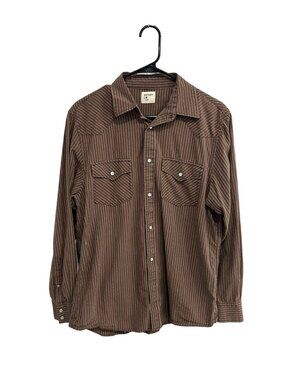 Old Navy Medium Brown Pinstripe Button Up Shirt 100% Cotton Retro Minimalist
